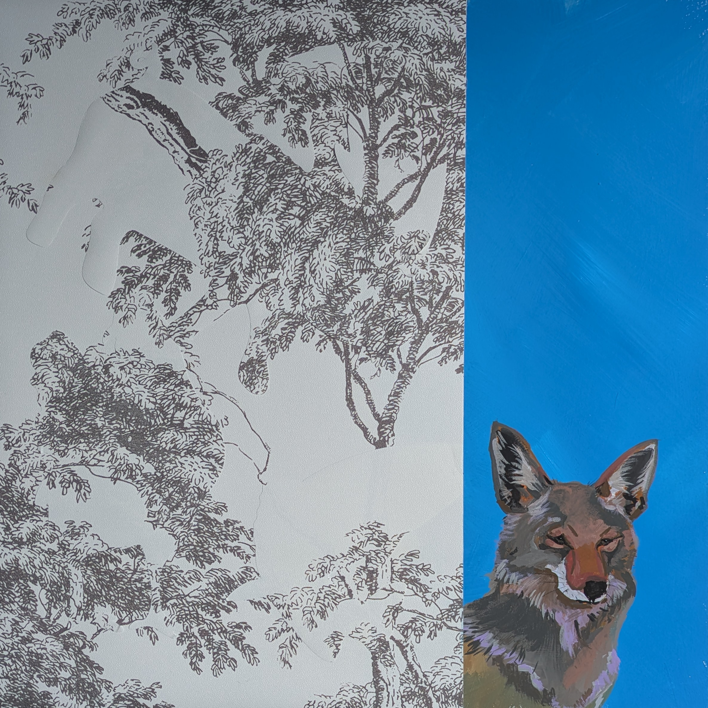 Coit Tower. Acrylic gouache, wallpaper, wood panel, 12 x 12 inch, 2025