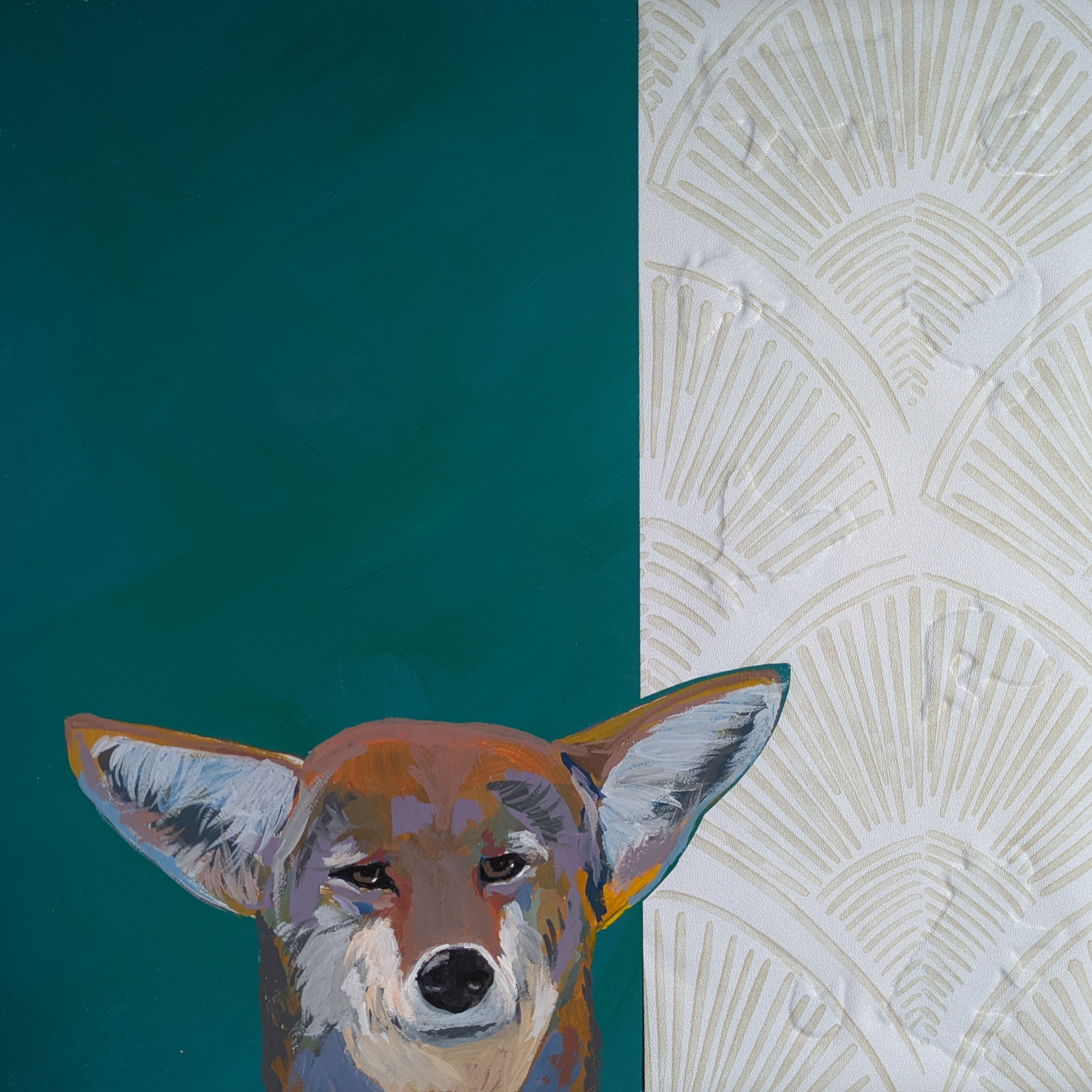 Merced. Acrylic gouache, wallpaper, wood panel, 12 x 12 inch, 2025