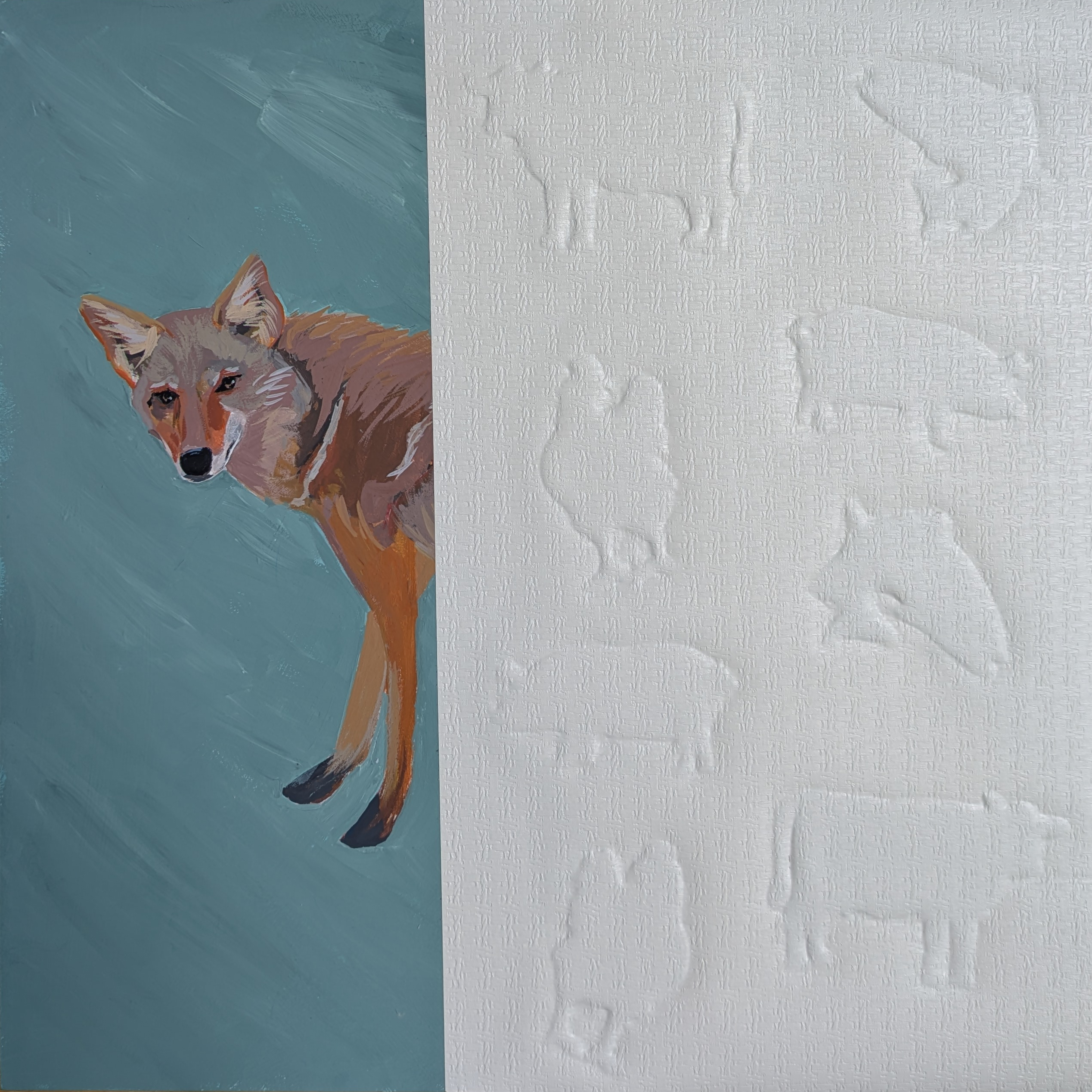 St. Francis Wood. Acrylic gouache, wallpaper, wood panel, 12 x 12 inch, 2025